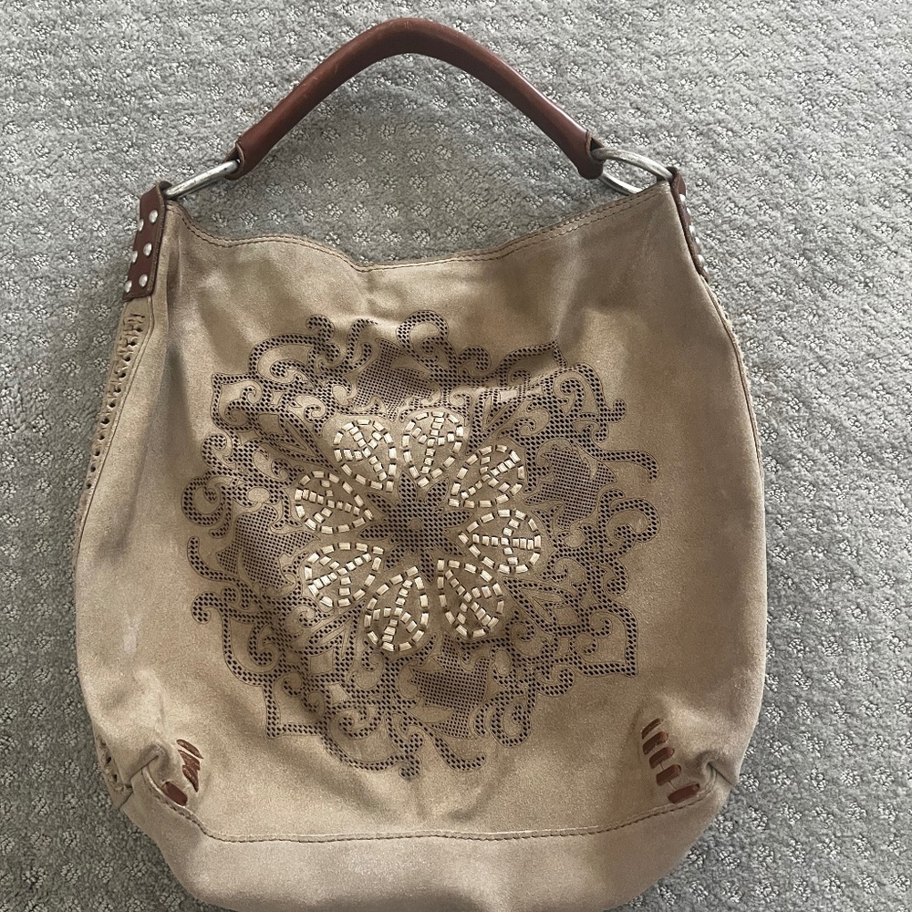 Vintage Lucky Brand Embroidered perforated suede hobo